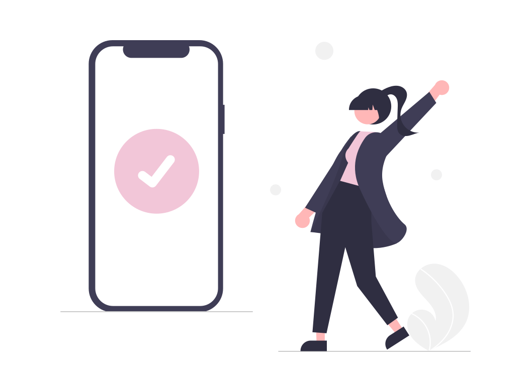 Brand awareness illustration, mobile with a pink check icon