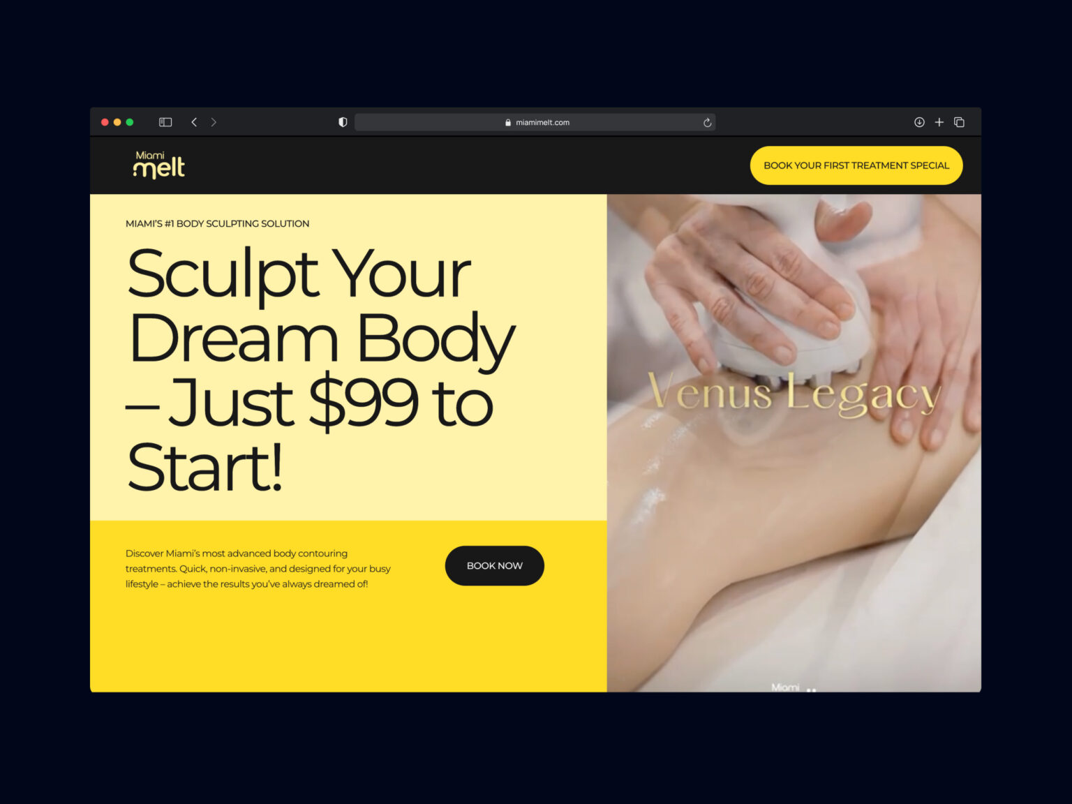 Miami Melt website mockup - landing page hero section for body sculpting offer
